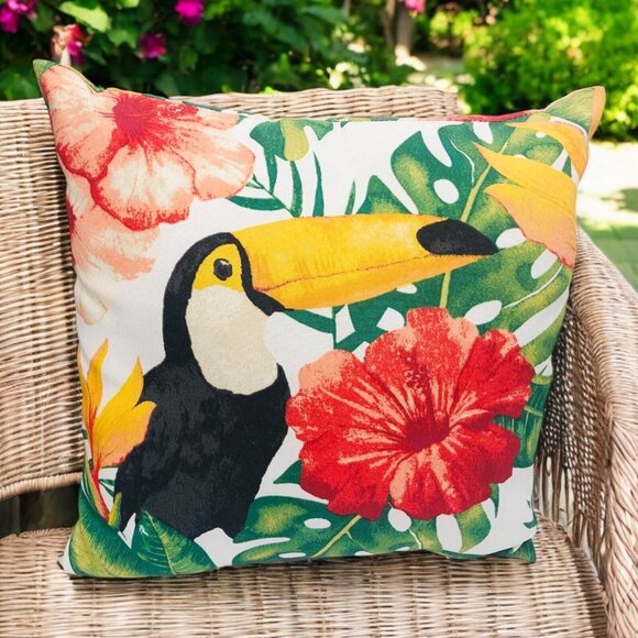 Square Throw Pillow Toucan Tropical Floral Print Hampton Bay Outdoor Indoor - Picture 1 of 12